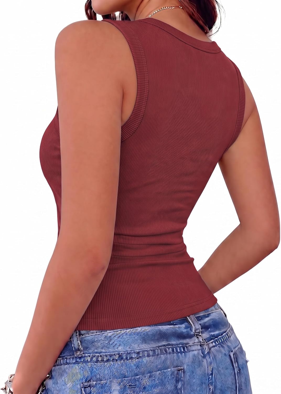 image:imageZeagoo Womens Tank Tops V Neck Ribbed Knit Slim Fit Basic Sleeveless TopsWine Red