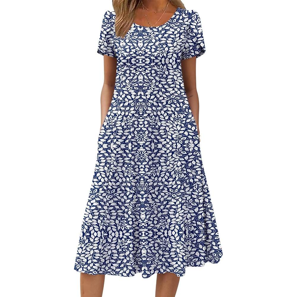 image:imageZEAGOO Womens Casual Dresses for Summer Short Sleeve Flare Midi Dress Loose Flowy Beach SundressBlue Leaf