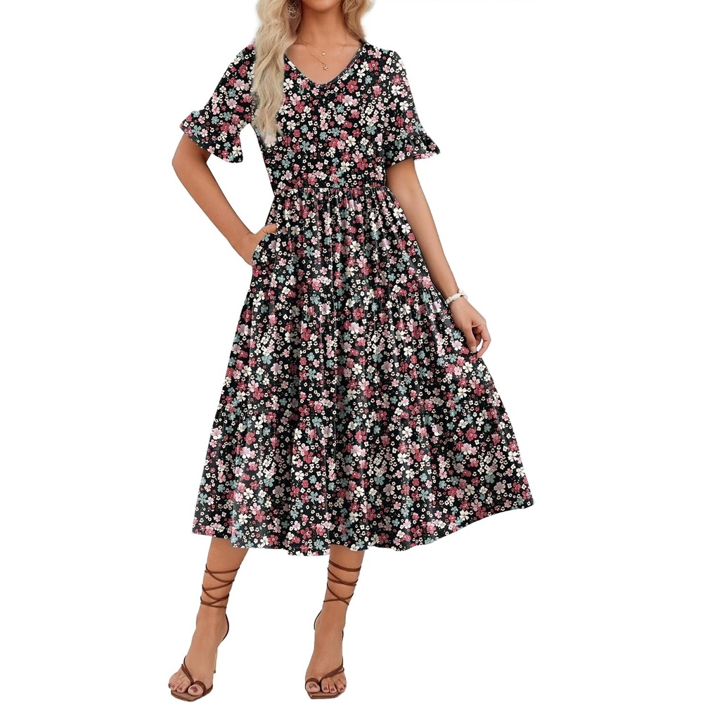 image:imageZEAGOO Womens Summer Dresses Midi Tiered Casual Dress Floral V Neck Ruffle Short Sleeve Flowy Beach Dress with PocketsBlack Pink Floral