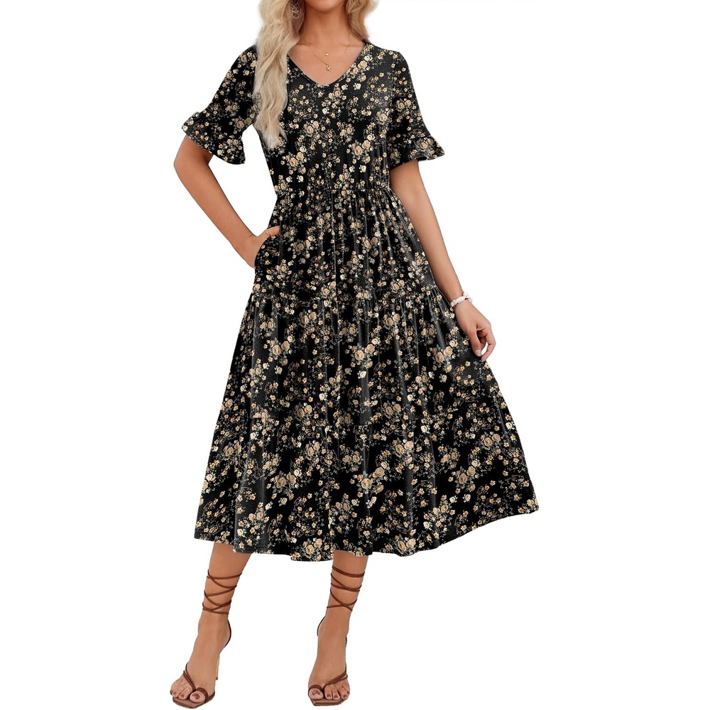 image:imageZEAGOO Womens Summer Dresses Midi Tiered Casual Dress Floral V Neck Ruffle Short Sleeve Flowy Beach Dress with PocketsBlack Yellow Floral
