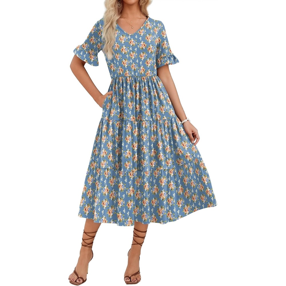 image:imageZEAGOO Womens Summer Dresses Midi Tiered Casual Dress Floral V Neck Ruffle Short Sleeve Flowy Beach Dress with PocketsBlue Orange Floral