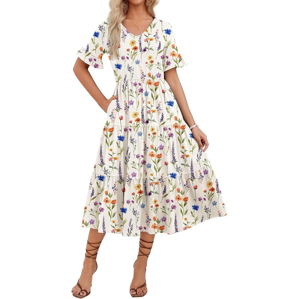 image:imageZEAGOO Womens Summer Dresses Midi Tiered Casual Dress Floral V Neck Ruffle Short Sleeve Flowy Beach Dress with PocketsColorful Floral