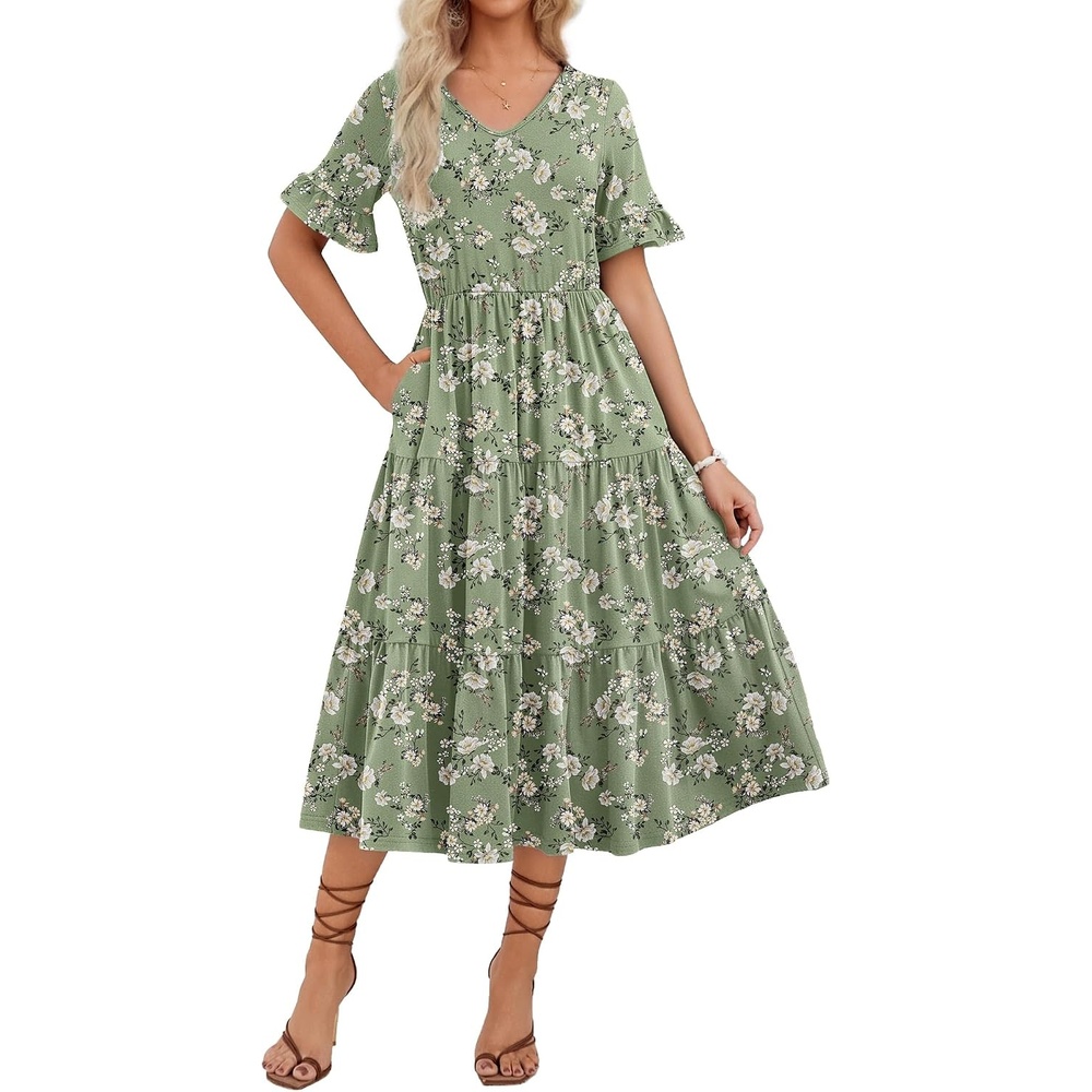 image:imageZEAGOO Womens Summer Dresses Midi Tiered Casual Dress Floral V Neck Ruffle Short Sleeve Flowy Beach Dress with PocketsGreen Floral