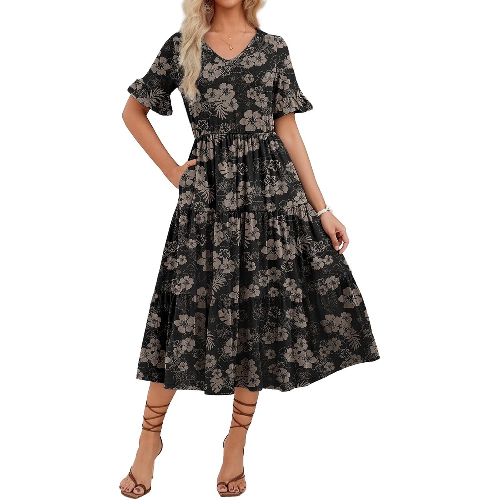 image:imageZEAGOO Womens Summer Dresses Midi Tiered Casual Dress Floral V Neck Ruffle Short Sleeve Flowy Beach Dress with PocketsPink Black Floral