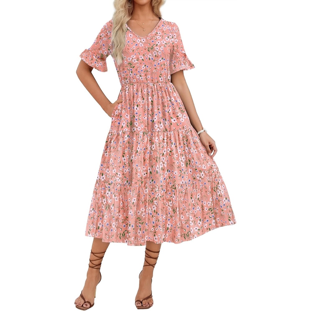 image:imageZEAGOO Womens Summer Dresses Midi Tiered Casual Dress Floral V Neck Ruffle Short Sleeve Flowy Beach Dress with PocketsPink Floral