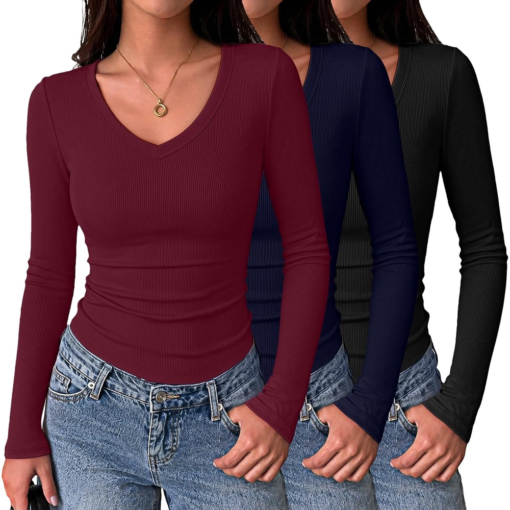 image:imageZeagoo Long Sleeve Shirts for Women V Neck Tops Ribbed Slim Fit Basic TeeZblacknavywine