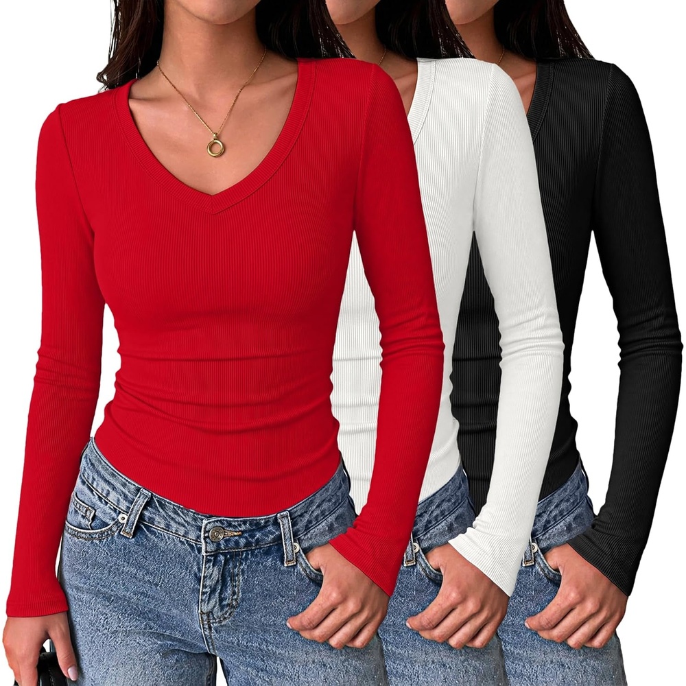 image:imageZeagoo Long Sleeve Shirts for Women V Neck Tops Ribbed Slim Fit Basic TeeZblackwhitered