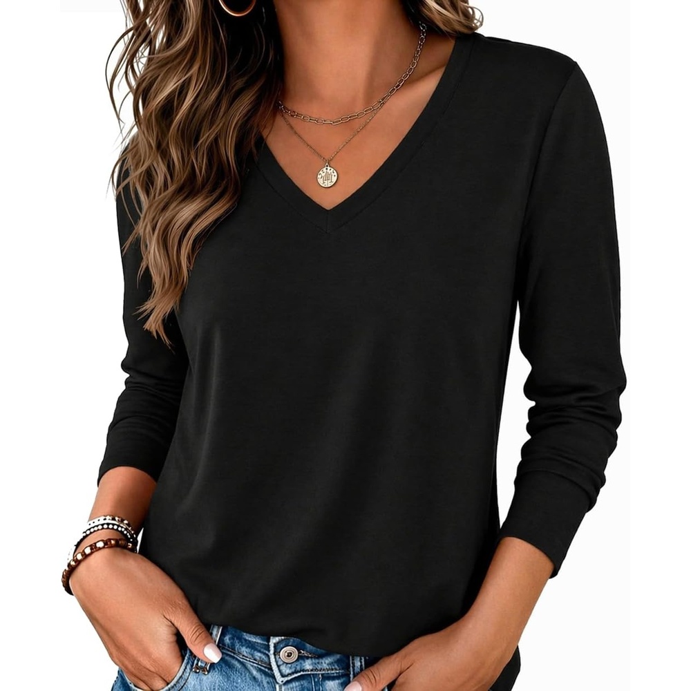 image:imageZeagoo Womens Shirts Long Sleeve Tops V Neck Casual Basic Tee Fall OutfitsBlack