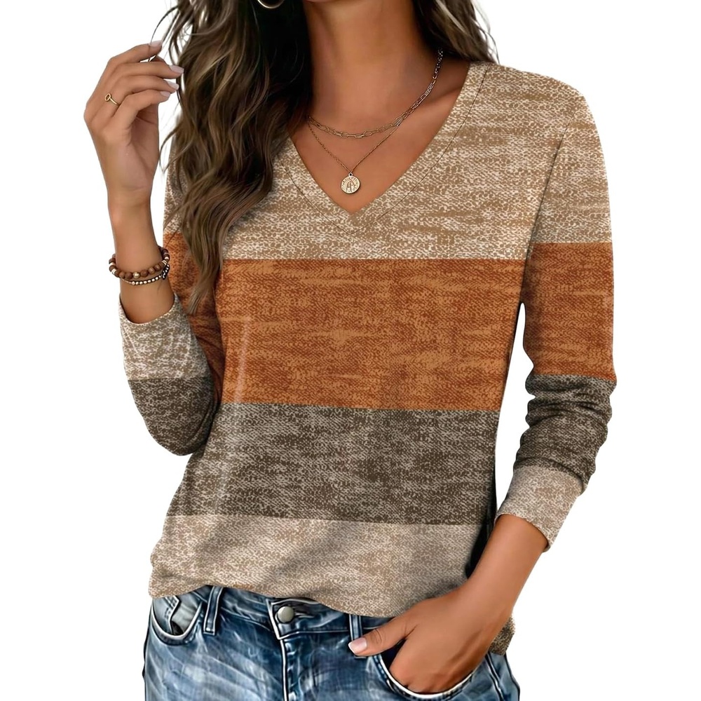 image:imageZeagoo Womens Shirts Long Sleeve Tops V Neck Casual Basic Tee Fall OutfitsFall Weave Stripe