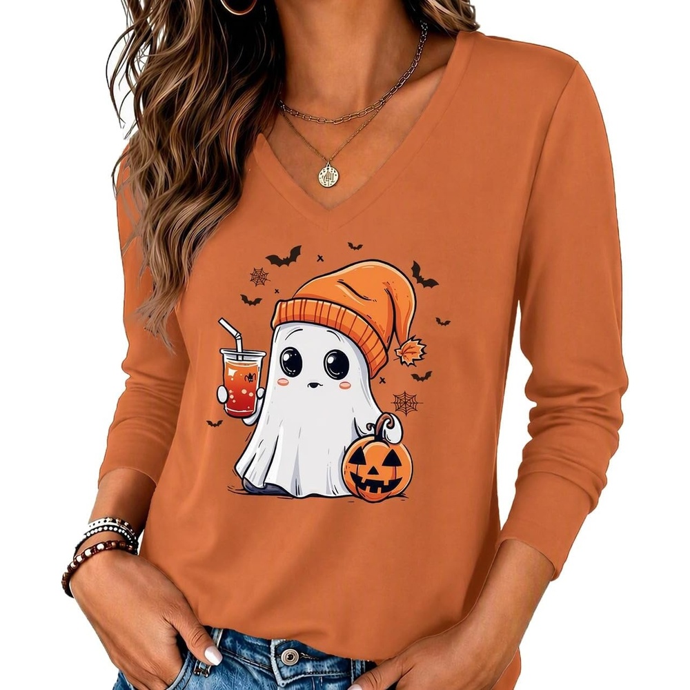 image:imageZeagoo Womens Shirts Long Sleeve Tops V Neck Casual Basic Tee Fall OutfitsOrange Spooky