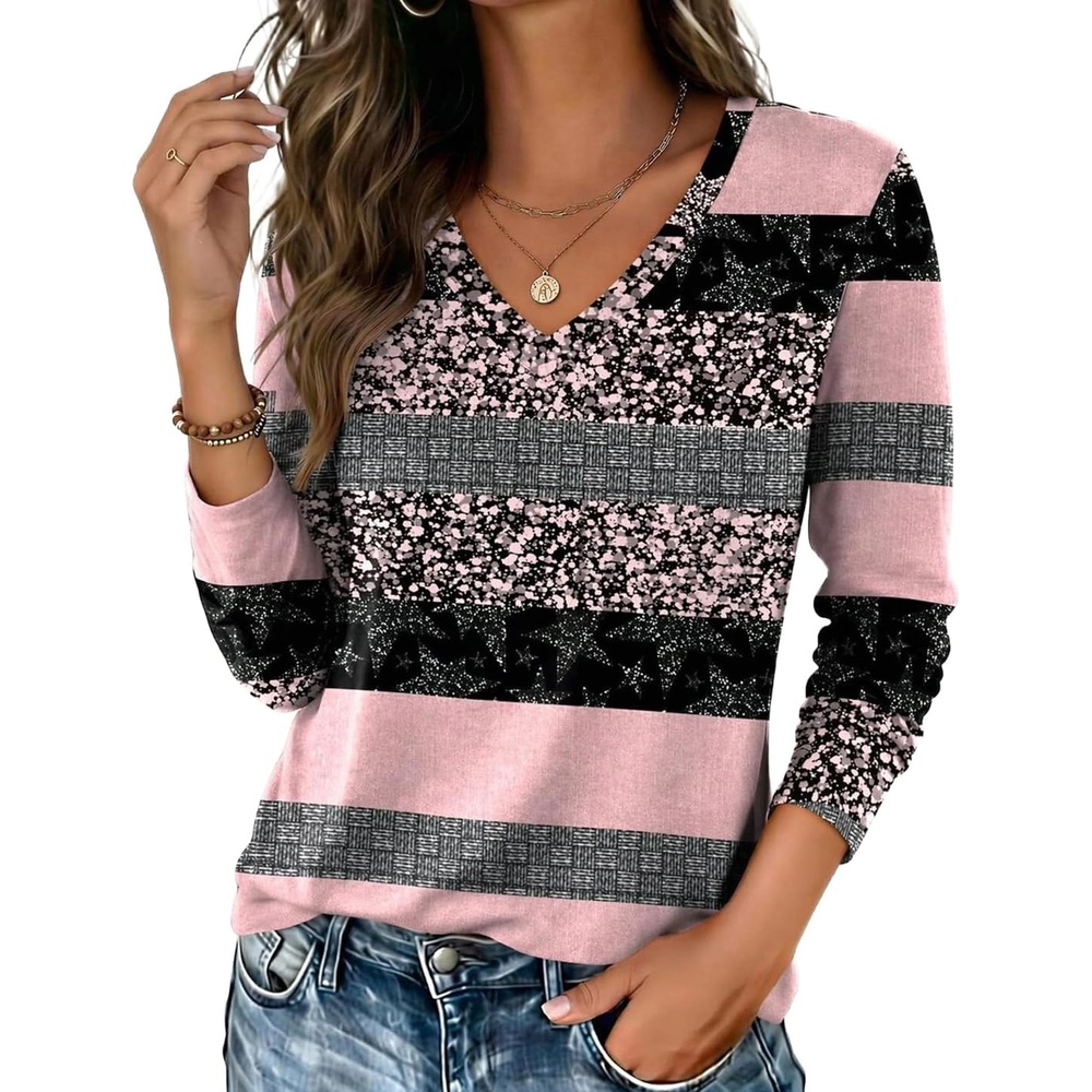 image:imageZeagoo Womens Shirts Long Sleeve Tops V Neck Casual Basic Tee Fall OutfitsPink Black Print