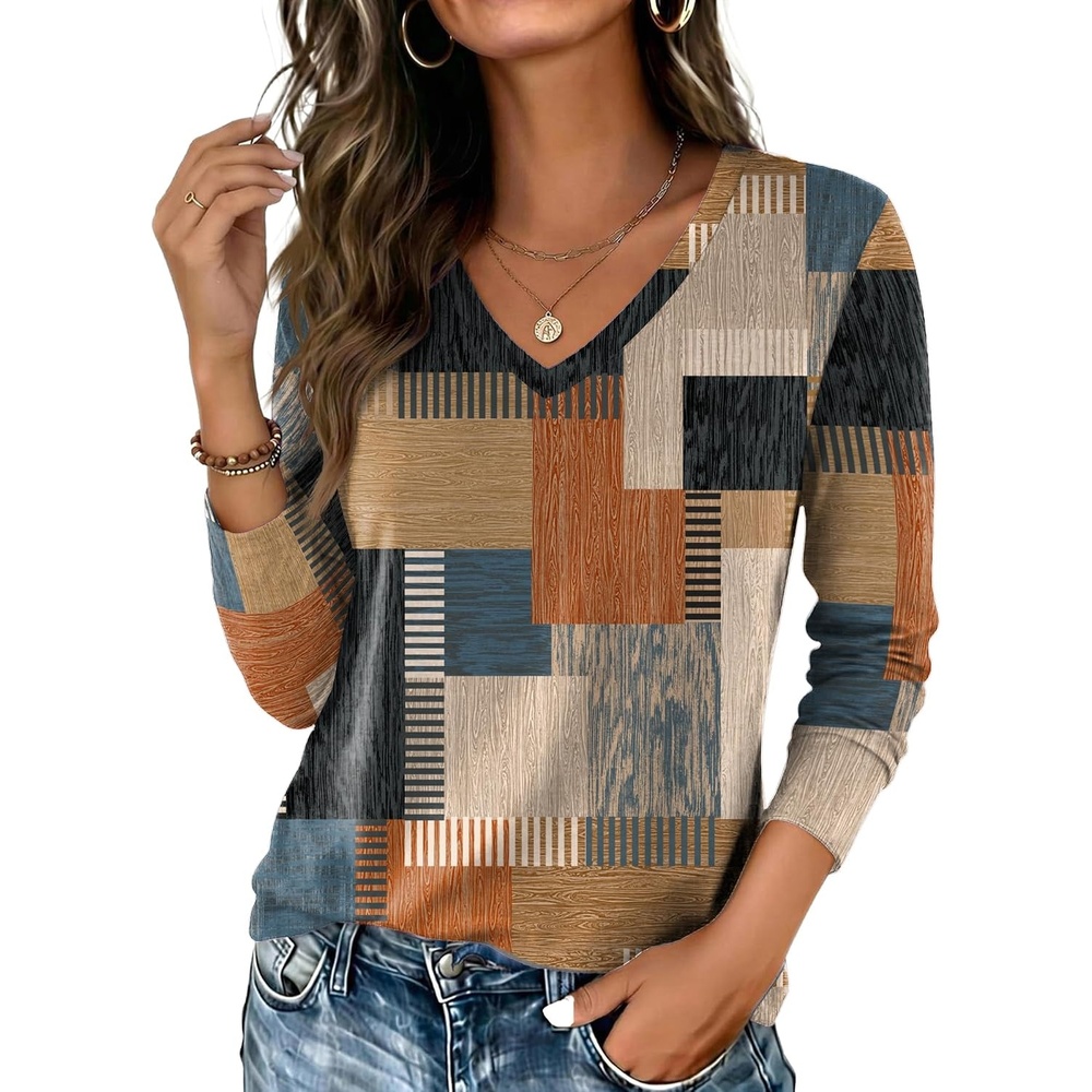 image:imageZeagoo Womens Shirts Long Sleeve Tops V Neck Casual Basic Tee Fall OutfitsTerracotta Blue Geo Print