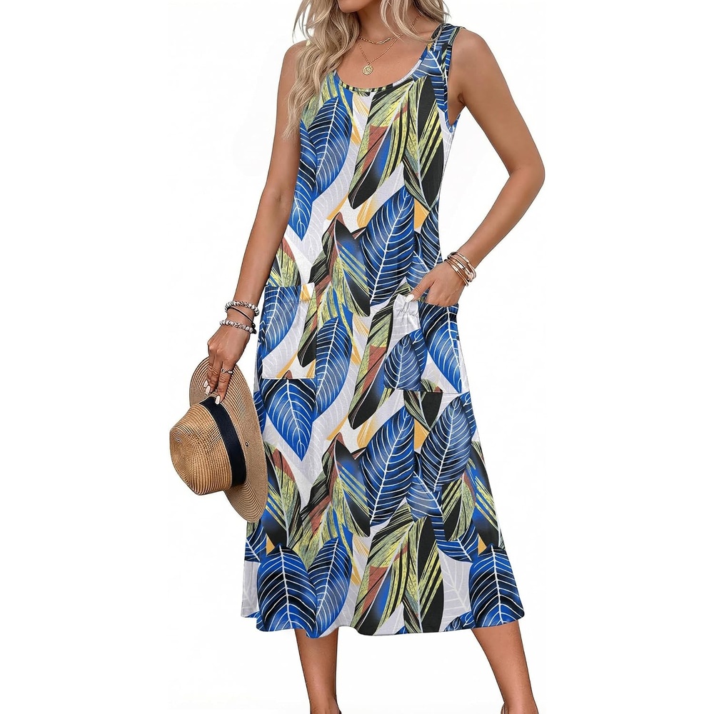 image:imageZeagoo Womens Summer Midi Dresses 2026 Casual Sleeveless Tank Sundresses A Line Crewneck Beach Vacation Dress with PocketsBlue Leafzw647