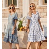 ZEAGOO Women’s Summer Dresses Midi Tiered Casual Dress Floral V Neck Ruffle Short Sleeve Flowy Beach Dress with Pockets(Blue Orange Floral)