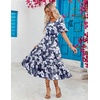 ZEAGOO Women’s Summer Dresses Midi Tiered Casual Dress Floral V Neck Ruffle Short Sleeve Flowy Beach Dress with Pockets(Blue White Floral)