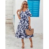 ZEAGOO Women’s Summer Dresses Midi Tiered Casual Dress Floral V Neck Ruffle Short Sleeve Flowy Beach Dress with Pockets(Blue White Floral)
