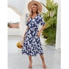 ZEAGOO Women’s Summer Dresses Midi Tiered Casual Dress Floral V Neck Ruffle Short Sleeve Flowy Beach Dress with Pockets(Blue White Floral)