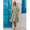 ZEAGOO Women’s Summer Dresses Midi Tiered Casual Dress Floral V Neck Ruffle Short Sleeve Flowy Beach Dress with Pockets(Green Floral)