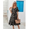 ZEAGOO Women’s Summer Dresses Midi Tiered Casual Dress Floral V Neck Ruffle Short Sleeve Flowy Beach Dress with Pockets(Pink Black Floral)
