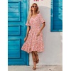 ZEAGOO Women’s Summer Dresses Midi Tiered Casual Dress Floral V Neck Ruffle Short Sleeve Flowy Beach Dress with Pockets(Pink Floral)