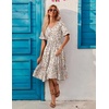 ZEAGOO Women’s Summer Dresses Midi Tiered Casual Dress Floral V Neck Ruffle Short Sleeve Flowy Beach Dress with Pockets(White Pink Floral)