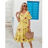 ZEAGOO Women’s Summer Dresses Midi Tiered Casual Dress Floral V Neck Ruffle Short Sleeve Flowy Beach Dress with Pockets(Yellow Floral)