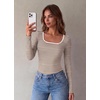 Zeagoo Long Sleeve Shirts for Women Square Neck Slim Fit Top Fall Basic Tee(Brown White Stripes)