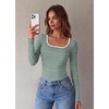 Zeagoo Long Sleeve Shirts for Women Square Neck Slim Fit Top Fall Basic Tee(Green White Stripes)