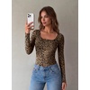 Zeagoo Long Sleeve Shirts for Women Square Neck Slim Fit Top Fall Basic Tee(Leopard Brown)