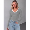 Zeagoo Long Sleeve Shirts for Women V Neck Tops Ribbed Slim Fit Basic Tee(Black White Stripe)