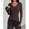 Zeagoo Long Sleeve Shirts for Women V Neck Tops Ribbed Slim Fit Basic Tee(Brown)