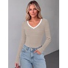 Zeagoo Long Sleeve Shirts for Women V Neck Tops Ribbed Slim Fit Basic Tee(Brown White Stripe)