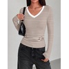 Zeagoo Long Sleeve Shirts for Women V Neck Tops Ribbed Slim Fit Basic Tee(Brown White Stripe)