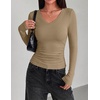 Zeagoo Long Sleeve Shirts for Women V Neck Tops Ribbed Slim Fit Basic Tee(Khaki)