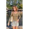 Zeagoo Long Sleeve Shirts for Women V Neck Tops Ribbed Slim Fit Basic Tee(Khaki)
