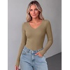 Zeagoo Long Sleeve Shirts for Women V Neck Tops Ribbed Slim Fit Basic Tee(Khaki)