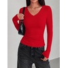 Zeagoo Long Sleeve Shirts for Women V Neck Tops Ribbed Slim Fit Basic Tee(Red)