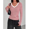 Zeagoo Long Sleeve Shirts for Women V Neck Tops Ribbed Slim Fit Basic Tee(Red White Stripe)