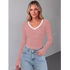 Zeagoo Long Sleeve Shirts for Women V Neck Tops Ribbed Slim Fit Basic Tee(Red White Stripe)
