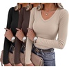 Zeagoo Long Sleeve Shirts for Women V Neck Tops Ribbed Slim Fit Basic Tee(Z-black+beige+brown)