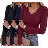 Zeagoo Long Sleeve Shirts for Women V Neck Tops Ribbed Slim Fit Basic Tee(Z-black+navy+wine)