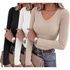 Zeagoo Long Sleeve Shirts for Women V Neck Tops Ribbed Slim Fit Basic Tee(Z-black+white+beige)