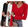 Zeagoo Long Sleeve Shirts for Women V Neck Tops Ribbed Slim Fit Basic Tee(Z-black+white+red)