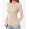 Zeagoo Womens Bell Long Sleeve Tops Crewneck Ribbed Knit Shirts(Beige)