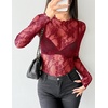 Zeagoo Womens Mesh Long Sleeve Tops Mock Neck Going Out See Through Shirts(B-wine Red)