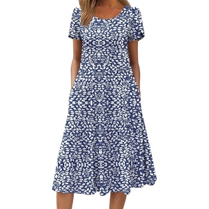 ZEAGOO Womens Casual Dresses for Summer Short Sleeve Flare Midi Dress Loose Flowy Beach Sundress(Blue Leaf)