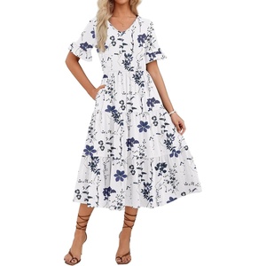 ZEAGOO Women’s Summer Dresses Midi Tiered Casual Dress Floral V Neck Ruffle Short Sleeve Flowy Beach Dress with Pockets(Blue Floral White)