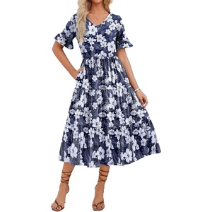 ZEAGOO Women’s Summer Dresses Midi Tiered Casual Dress Floral V Neck Ruffle Short Sleeve Flowy Beach Dress with Pockets(Blue White Floral)