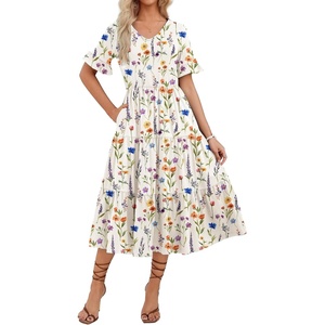 ZEAGOO Women’s Summer Dresses Midi Tiered Casual Dress Floral V Neck Ruffle Short Sleeve Flowy Beach Dress with Pockets(Colorful Floral)