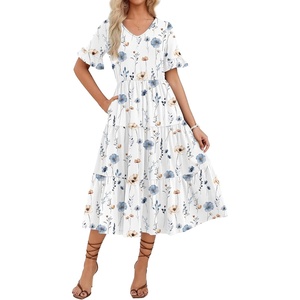 ZEAGOO Women’s Summer Dresses Midi Tiered Casual Dress Floral V Neck Ruffle Short Sleeve Flowy Beach Dress with Pockets(Floral White)